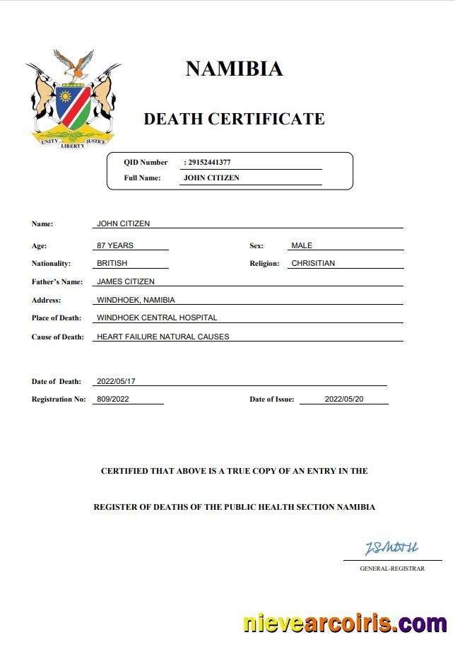 Namibia vital record death certificate